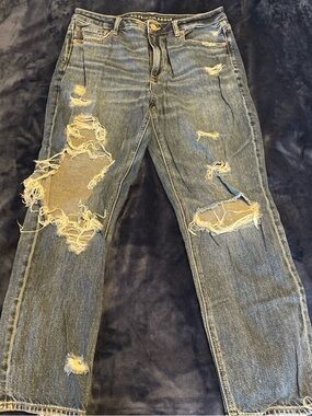 American Eagle Outfitters Women's Distressed Straight Leg Jeans - Denim Blue